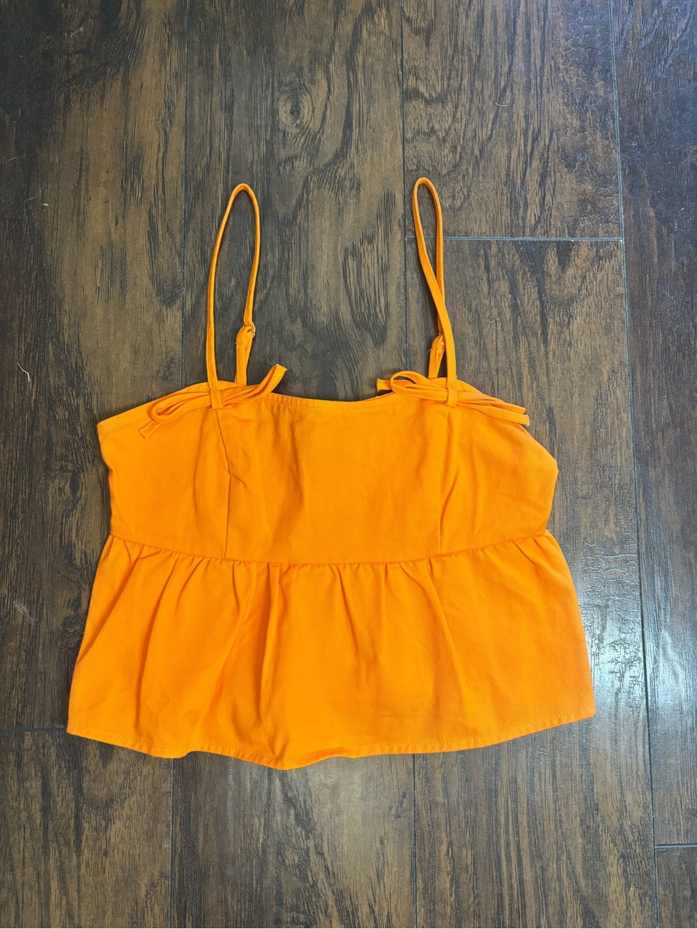 Women’s Orange Spaghetti Strap Peplum Tank Top with Bow Detail Size Small